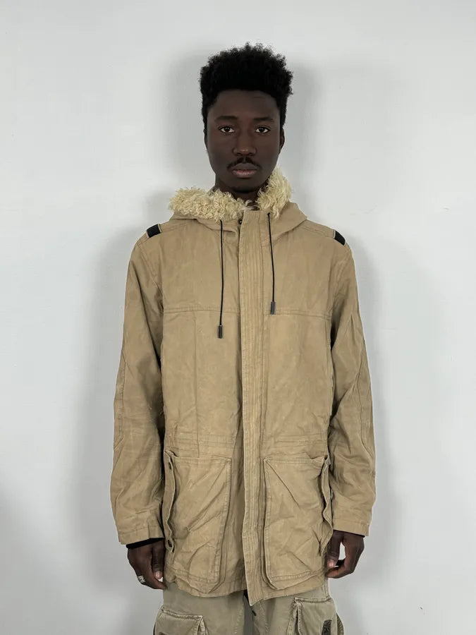 2000s Givenchy Destroyed Fur Hood Beige Cargo Jacket kpyXcvD 0
