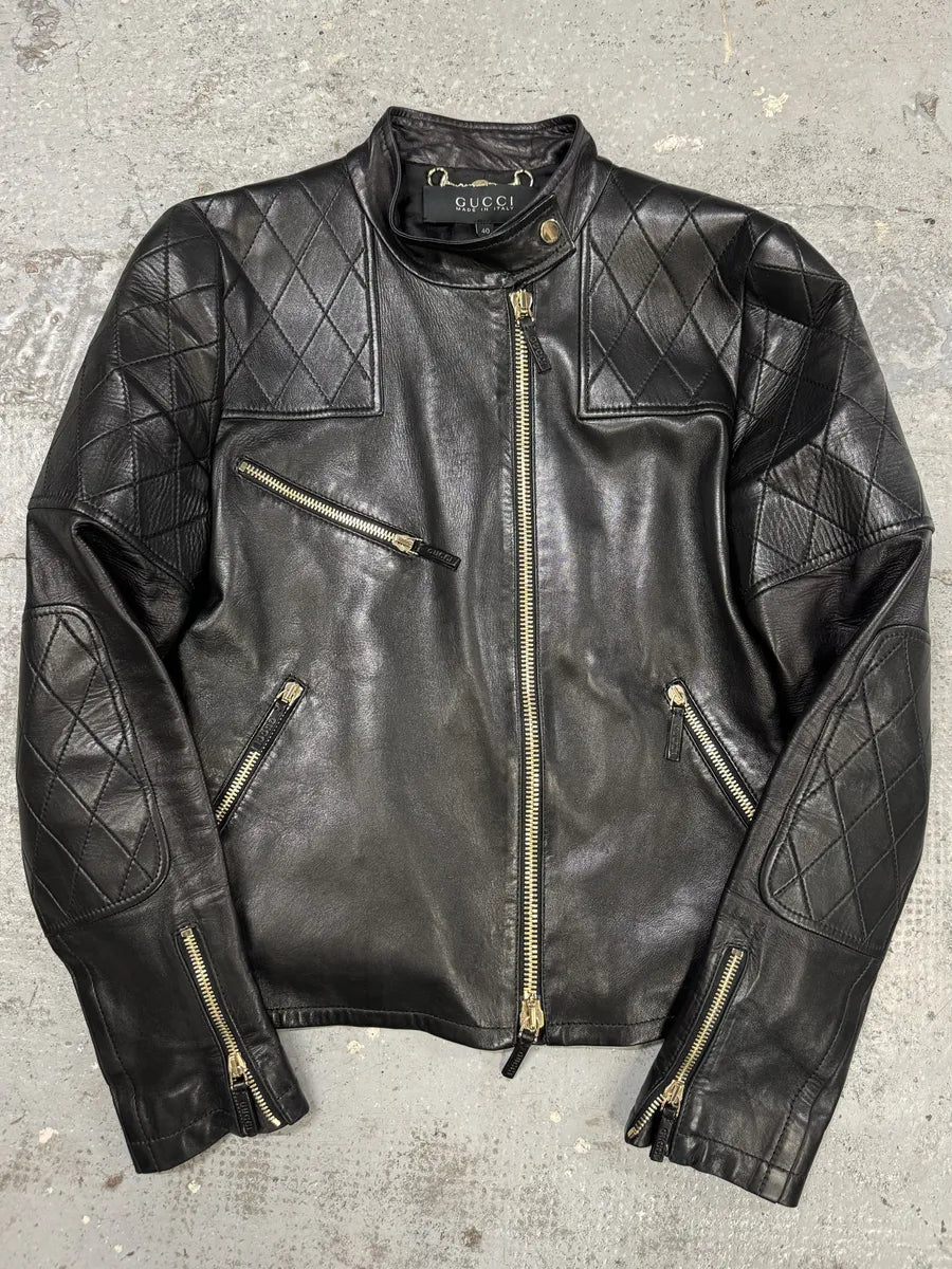 2000s Gucci Asymmetrical Black Leather Jacket YyQLmVG 0