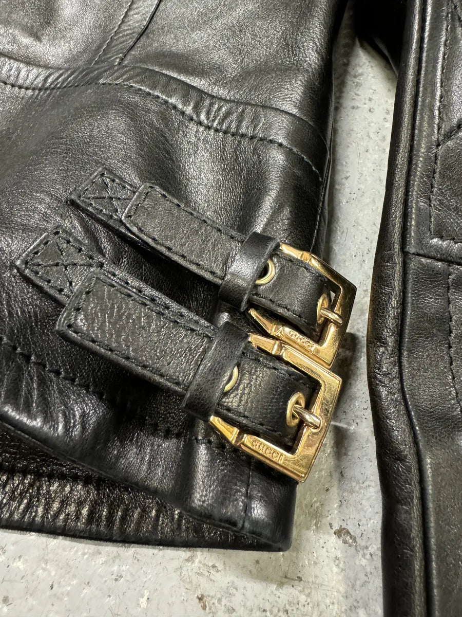 2000s Gucci Asymmetrical Black Leather Jacket YyQLmVG 10