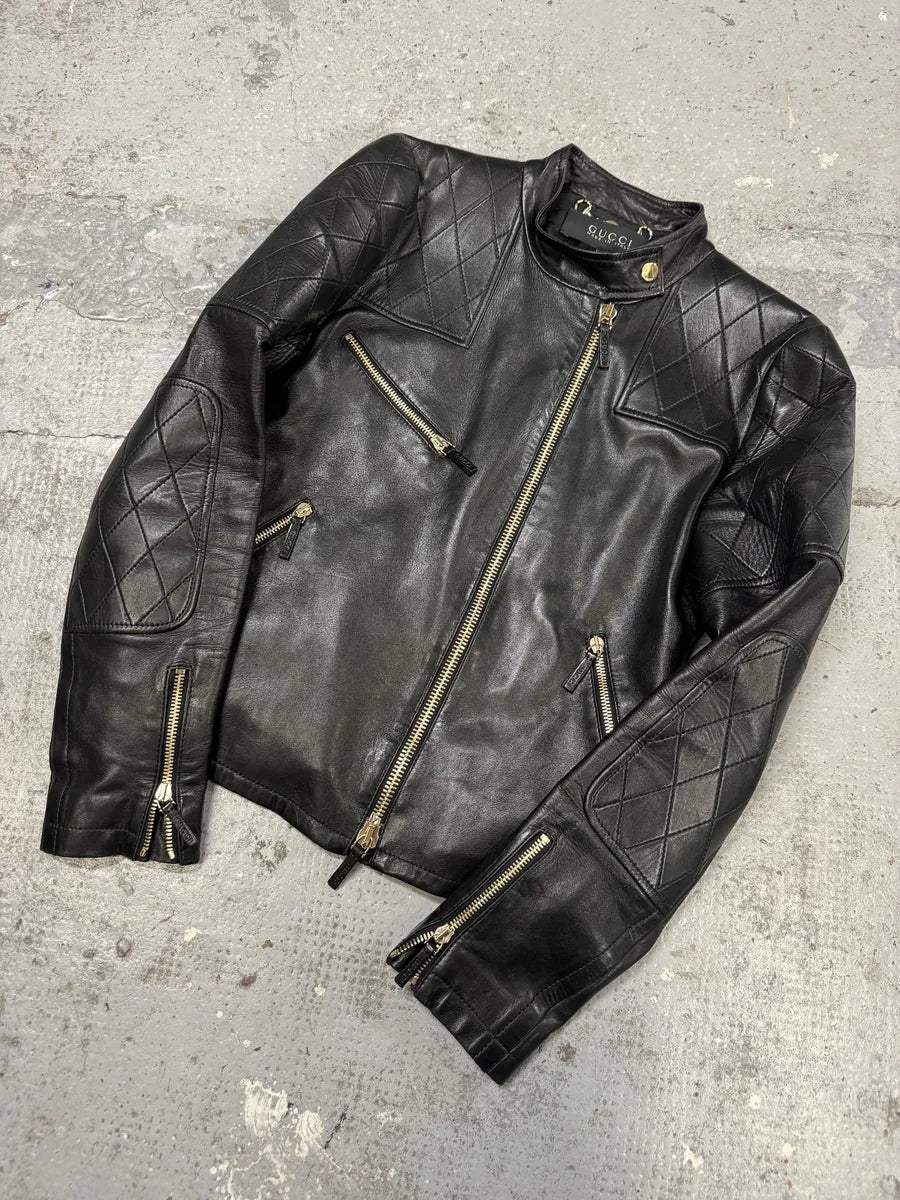2000s Gucci Asymmetrical Black Leather Jacket YyQLmVG 2