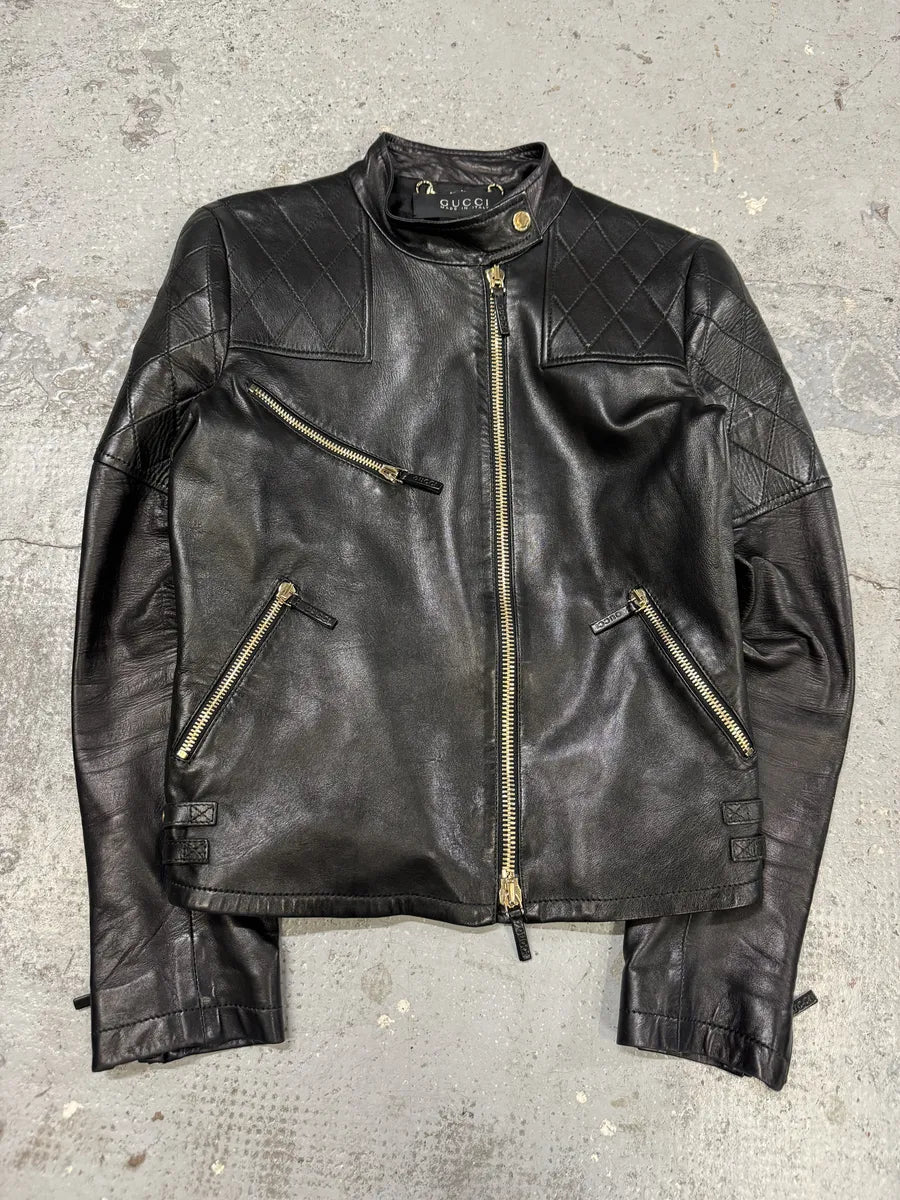 2000s Gucci Asymmetrical Black Leather Jacket YyQLmVG 5