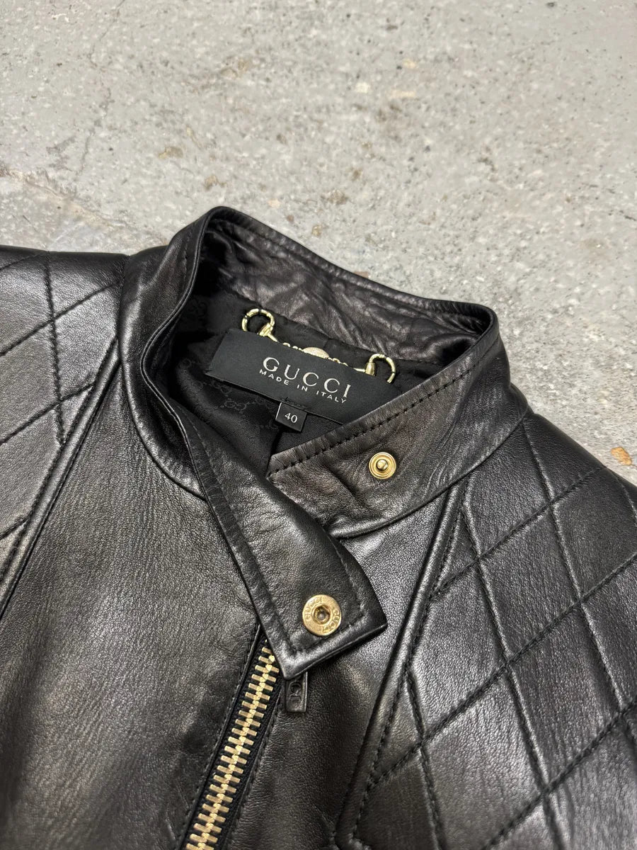 2000s Gucci Asymmetrical Black Leather Jacket YyQLmVG 6