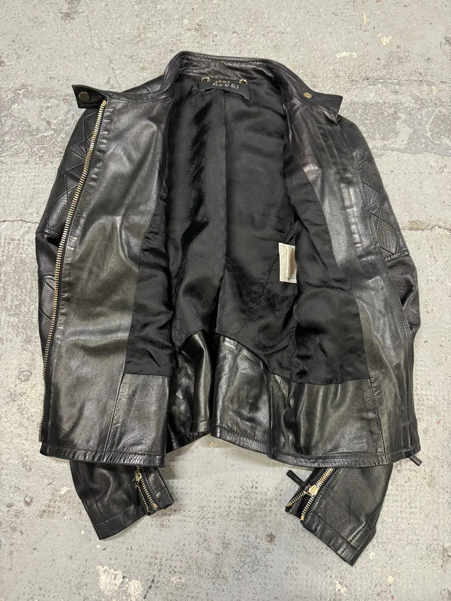 2000s Gucci Asymmetrical Black Leather Jacket YyQLmVG 7