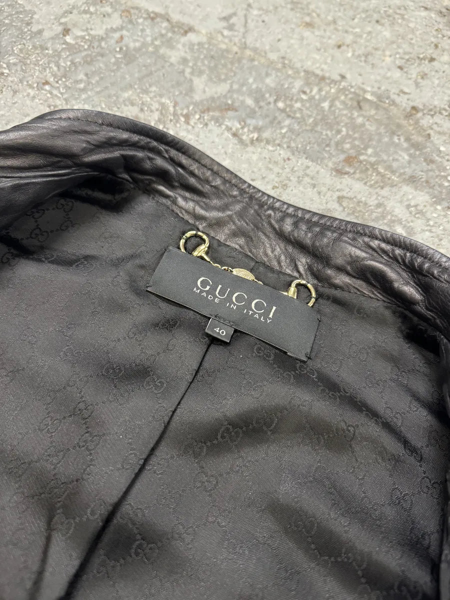 2000s Gucci Asymmetrical Black Leather Jacket YyQLmVG 8