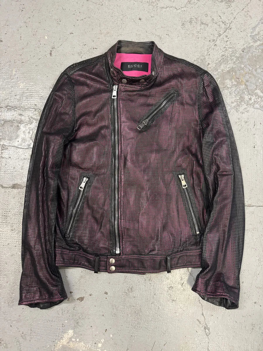 2000s Gucci Asymmetrical Perfored Biker Black & Pink Leather Jacket CnnsCer 0