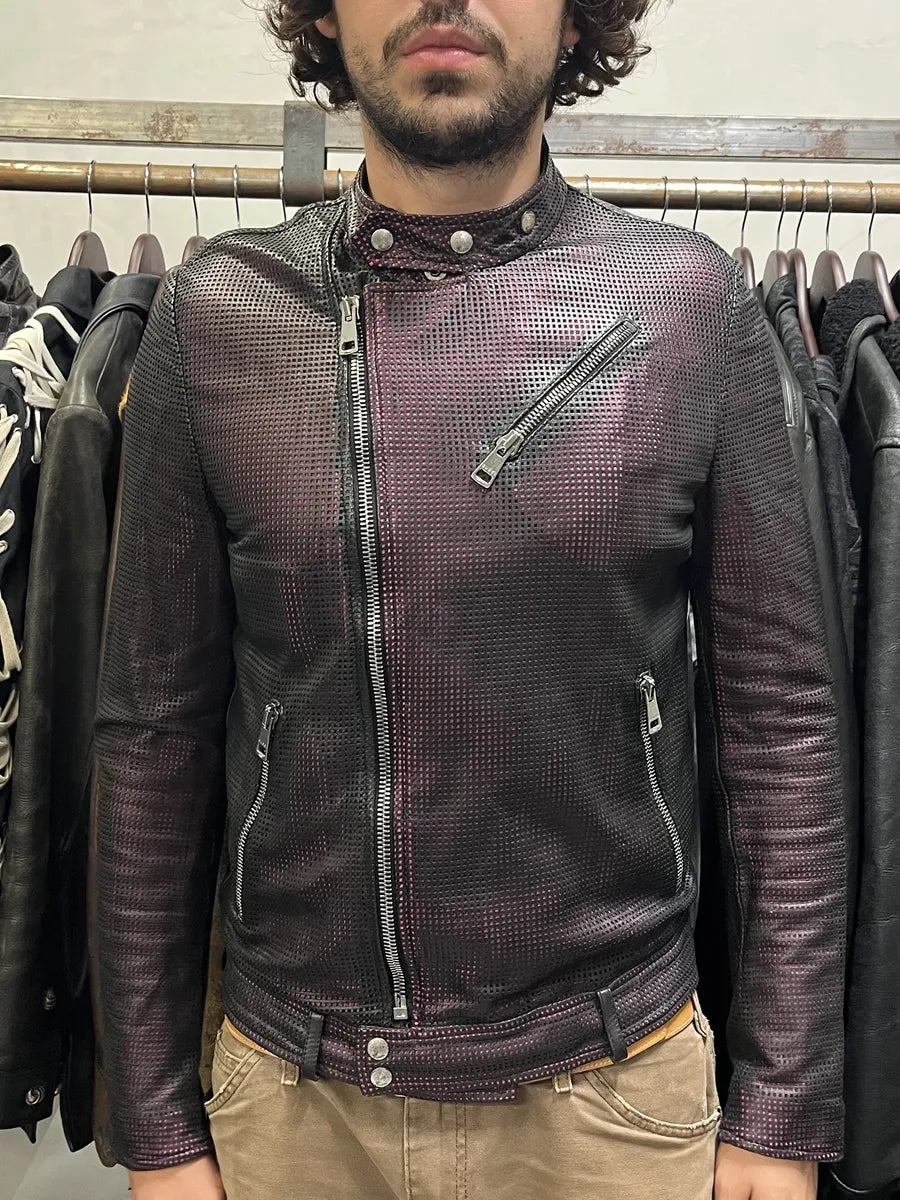 2000s Gucci Asymmetrical Perfored Biker Black & Pink Leather Jacket CnnsCer 1