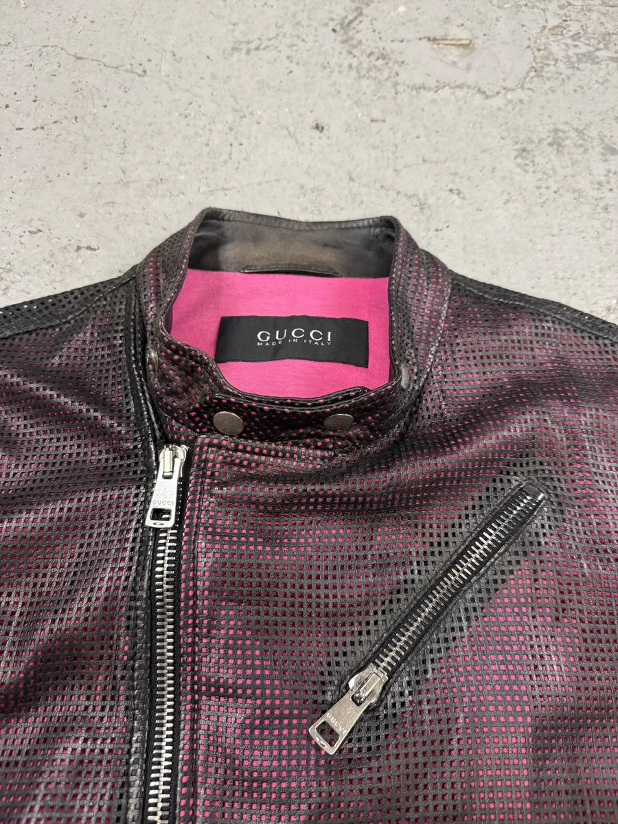 2000s Gucci Asymmetrical Perfored Biker Black & Pink Leather Jacket CnnsCer 10