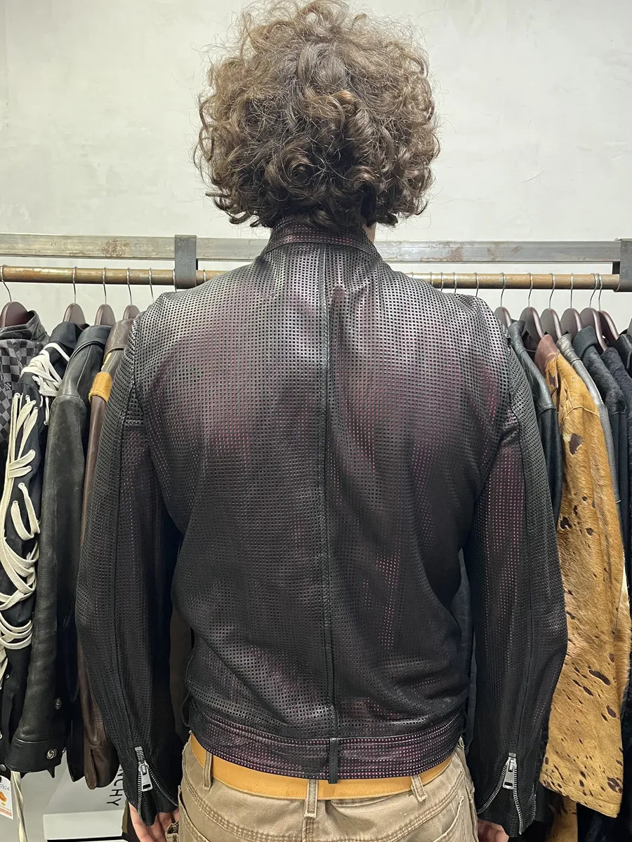 2000s Gucci Asymmetrical Perfored Biker Black & Pink Leather Jacket CnnsCer 2