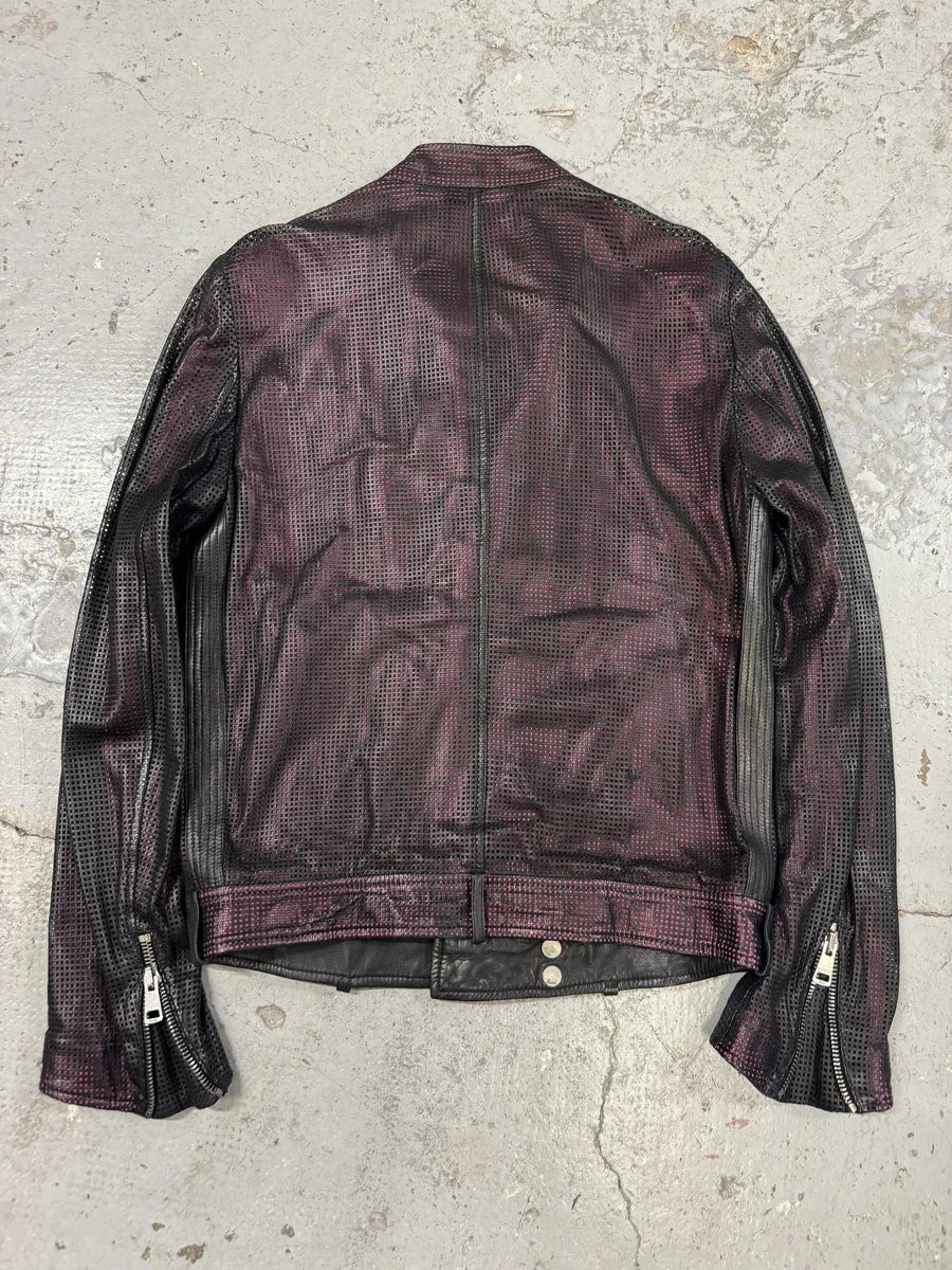 2000s Gucci Asymmetrical Perfored Biker Black & Pink Leather Jacket CnnsCer 3