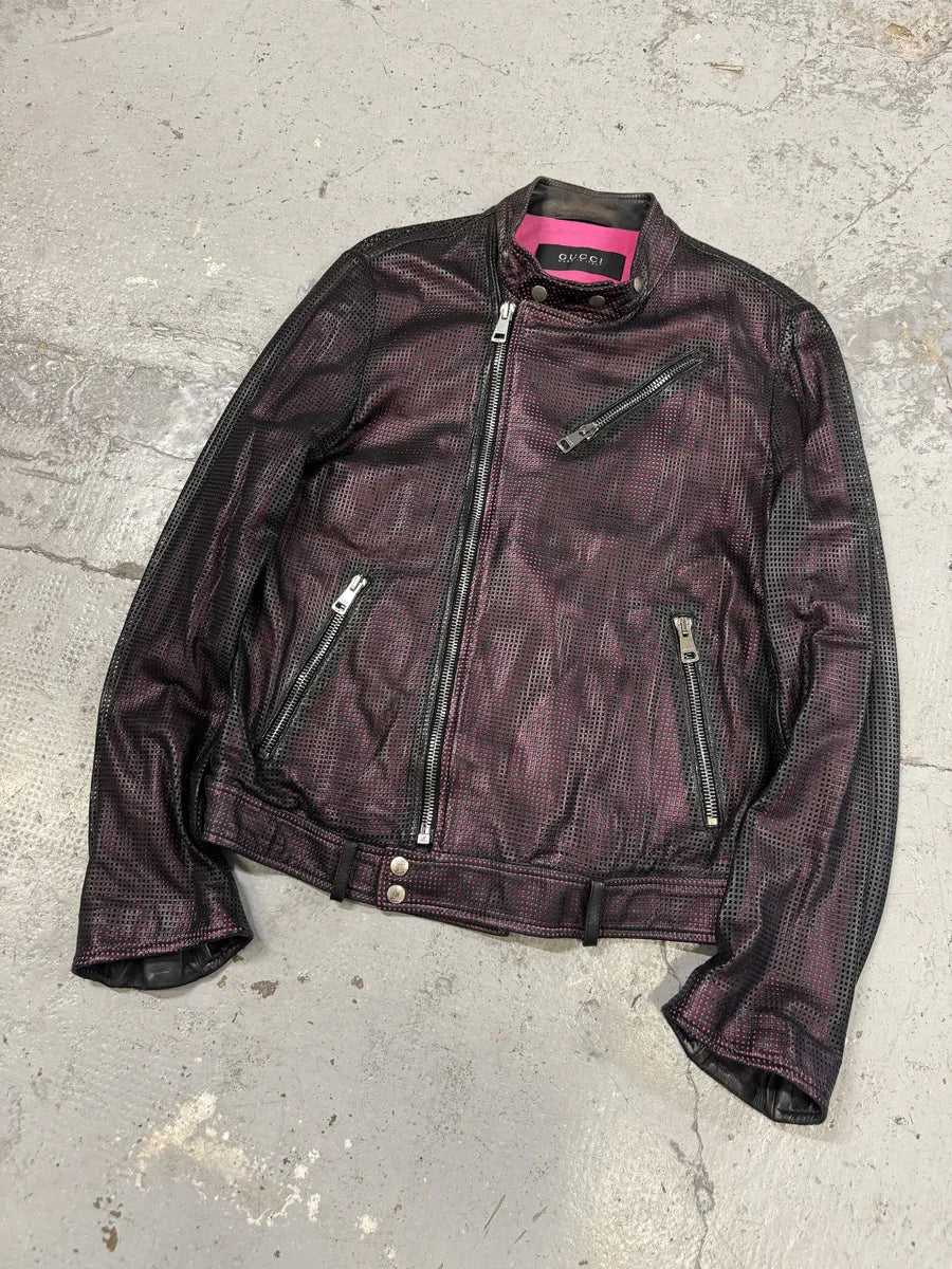 2000s Gucci Asymmetrical Perfored Biker Black & Pink Leather Jacket CnnsCer 4