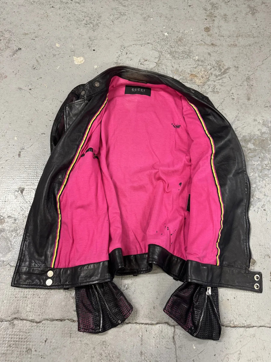2000s Gucci Asymmetrical Perfored Biker Black & Pink Leather Jacket CnnsCer 5