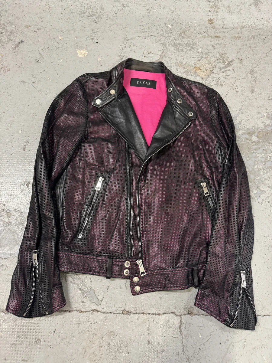 2000s Gucci Asymmetrical Perfored Biker Black & Pink Leather Jacket CnnsCer 6