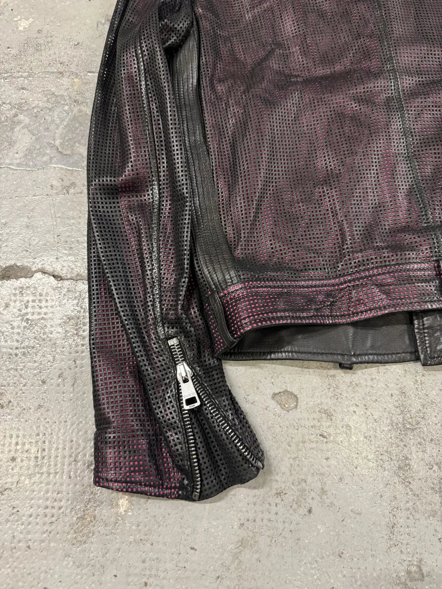 2000s Gucci Asymmetrical Perfored Biker Black & Pink Leather Jacket CnnsCer 7