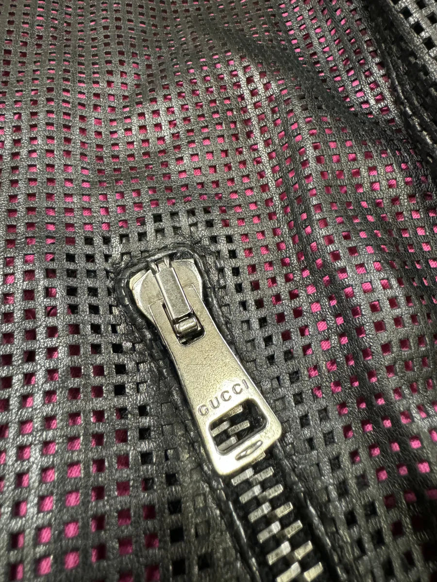 2000s Gucci Asymmetrical Perfored Biker Black & Pink Leather Jacket CnnsCer 8