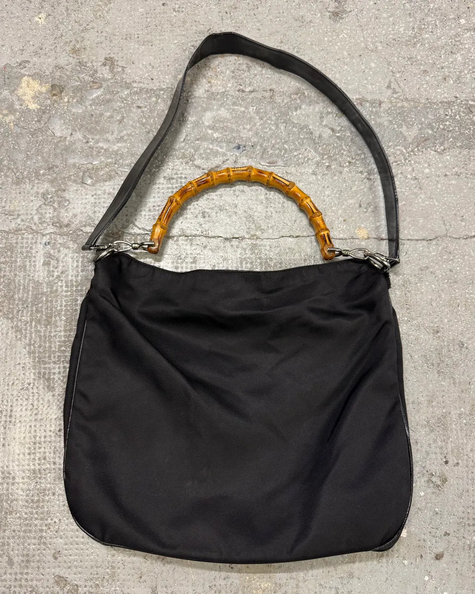 2000s Gucci Bamboo Black Nylon Messenger Shoulder Bag (OS) USZBExR 0