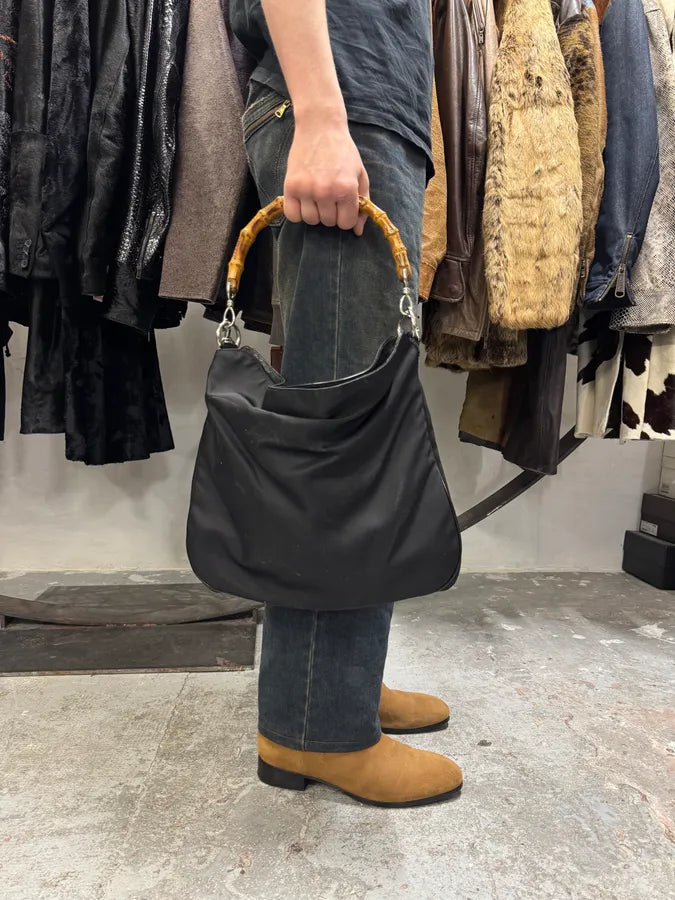 2000s Gucci Bamboo Black Nylon Messenger Shoulder Bag (OS) USZBExR 1