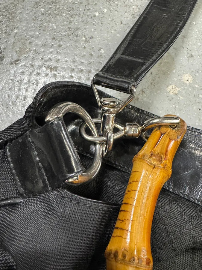 2000s Gucci Bamboo Black Nylon Messenger Shoulder Bag (OS) USZBExR 10