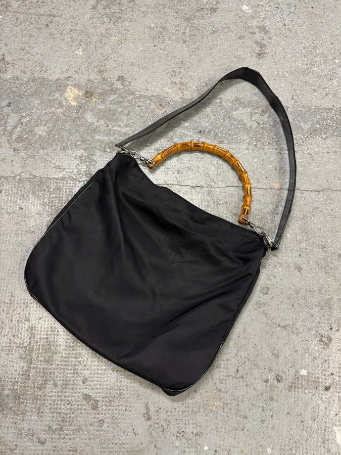 2000s Gucci Bamboo Black Nylon Messenger Shoulder Bag (OS) USZBExR 2