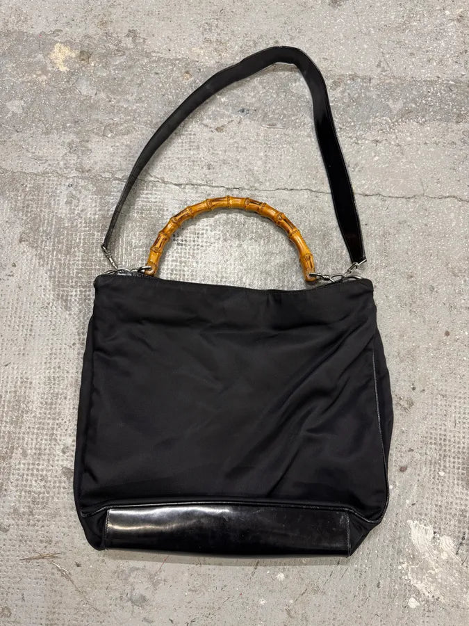 2000s Gucci Bamboo Black Nylon Messenger Shoulder Bag (OS) USZBExR 3