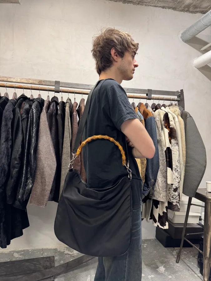 2000s Gucci Bamboo Black Nylon Messenger Shoulder Bag (OS) USZBExR 4