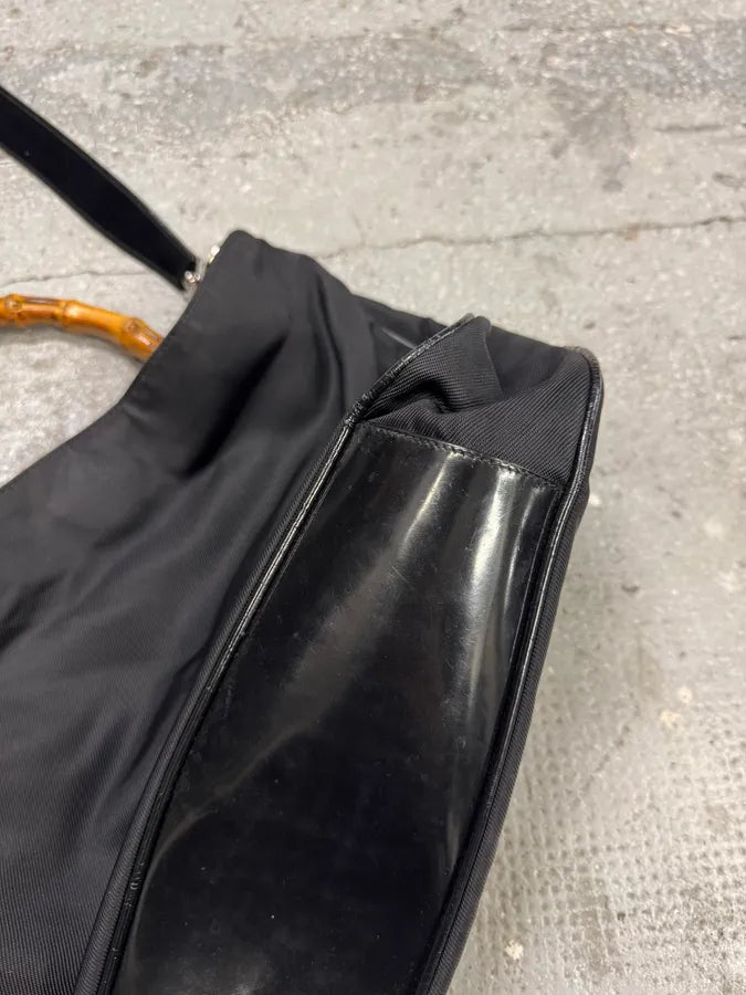 2000s Gucci Bamboo Black Nylon Messenger Shoulder Bag (OS) USZBExR 8