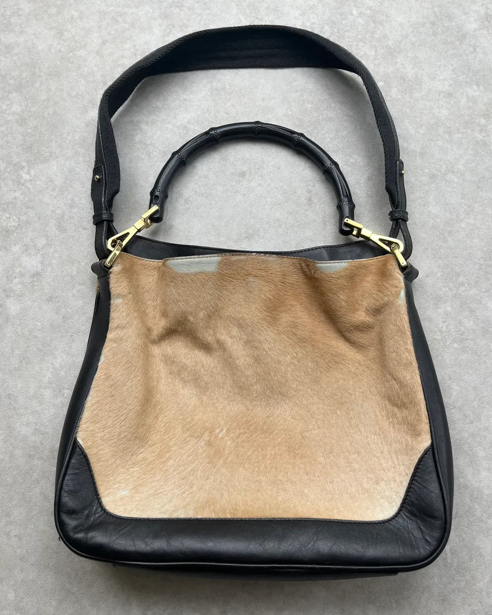 2000s Gucci Bamboo Handle Beige Pony Hair Black Leather Bag UiekLwB 0