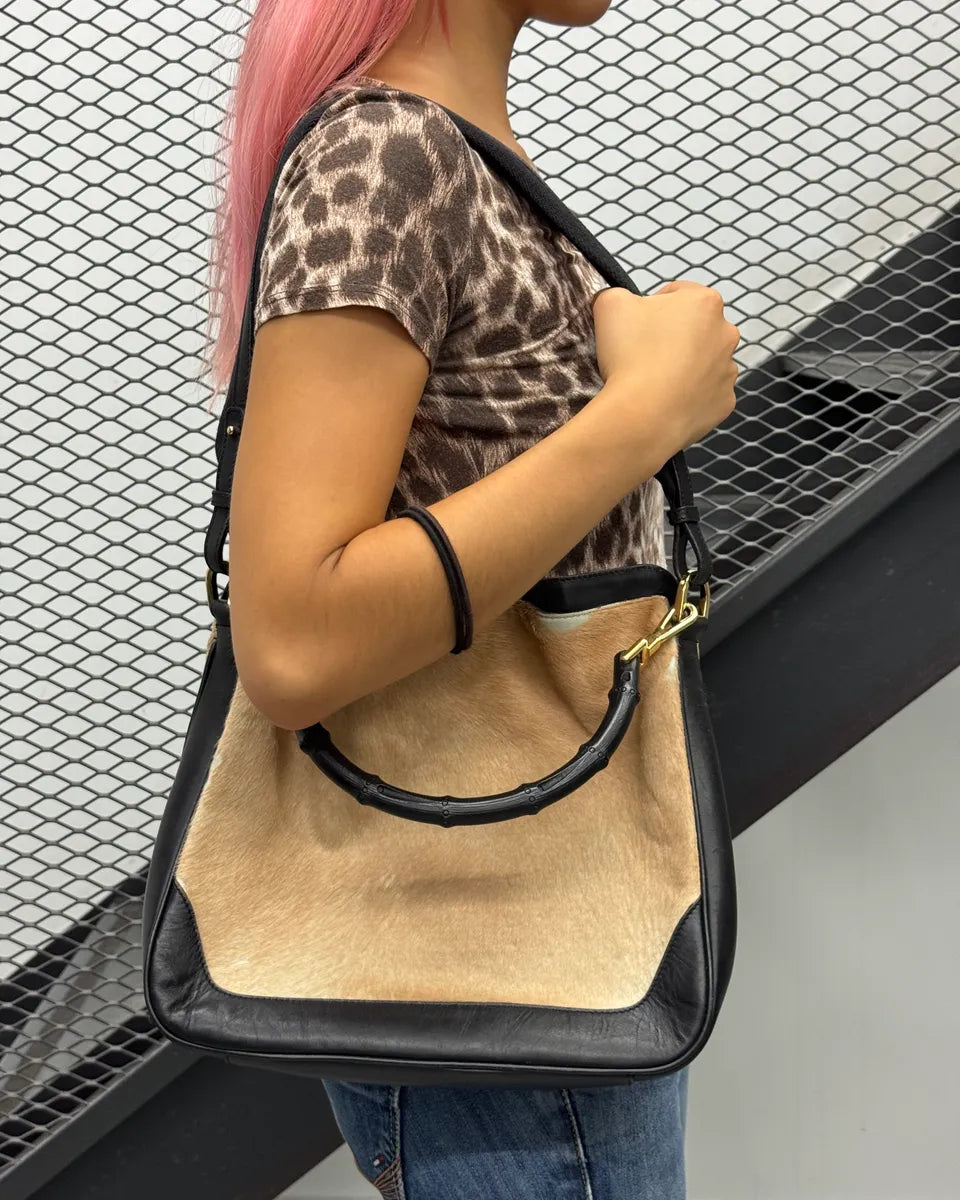 2000s Gucci Bamboo Handle Beige Pony Hair Black Leather Bag UiekLwB 1