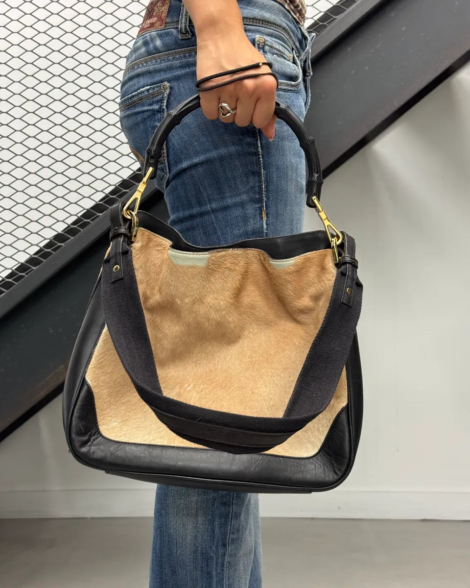 2000s Gucci Bamboo Handle Beige Pony Hair Black Leather Bag UiekLwB 2