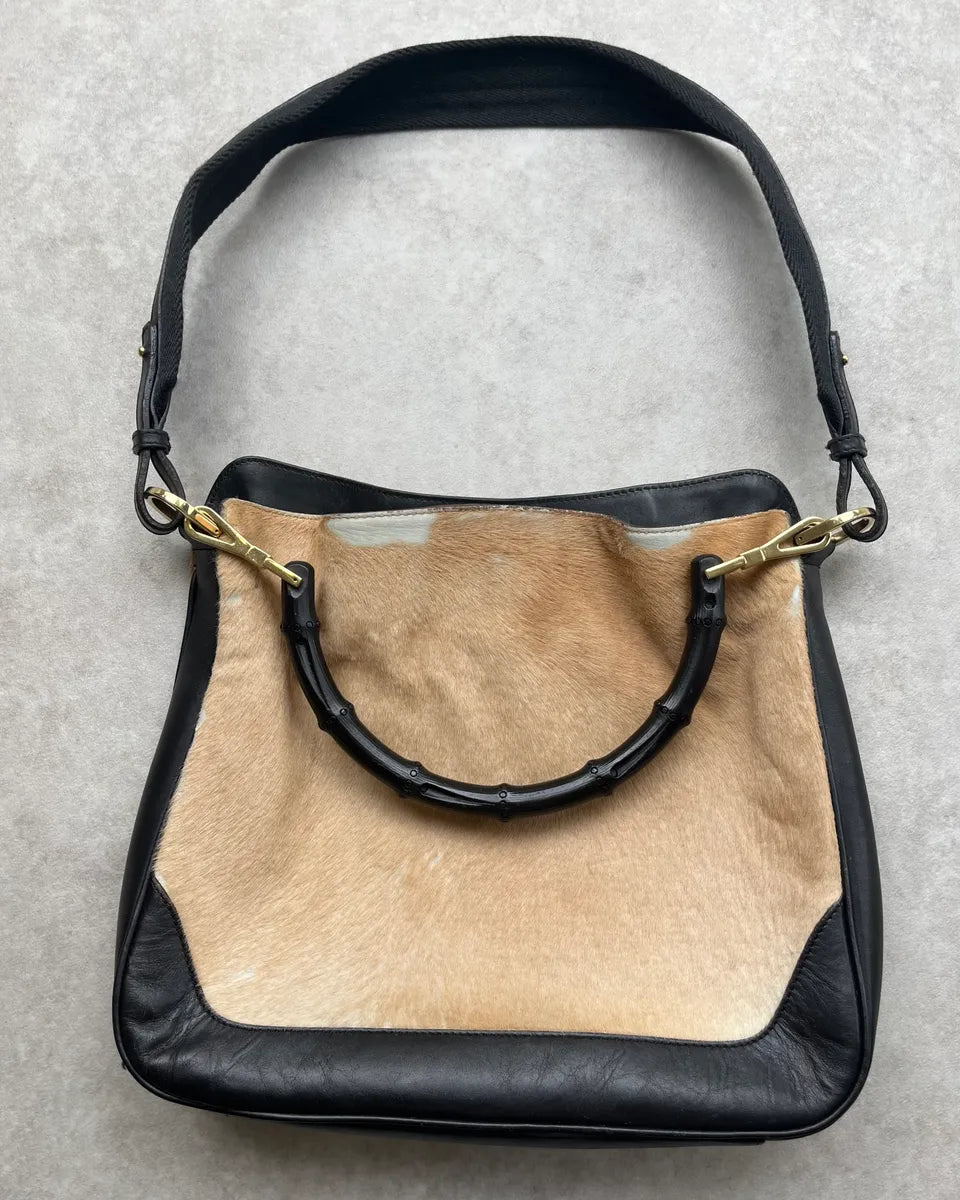 2000s Gucci Bamboo Handle Beige Pony Hair Black Leather Bag UiekLwB 3