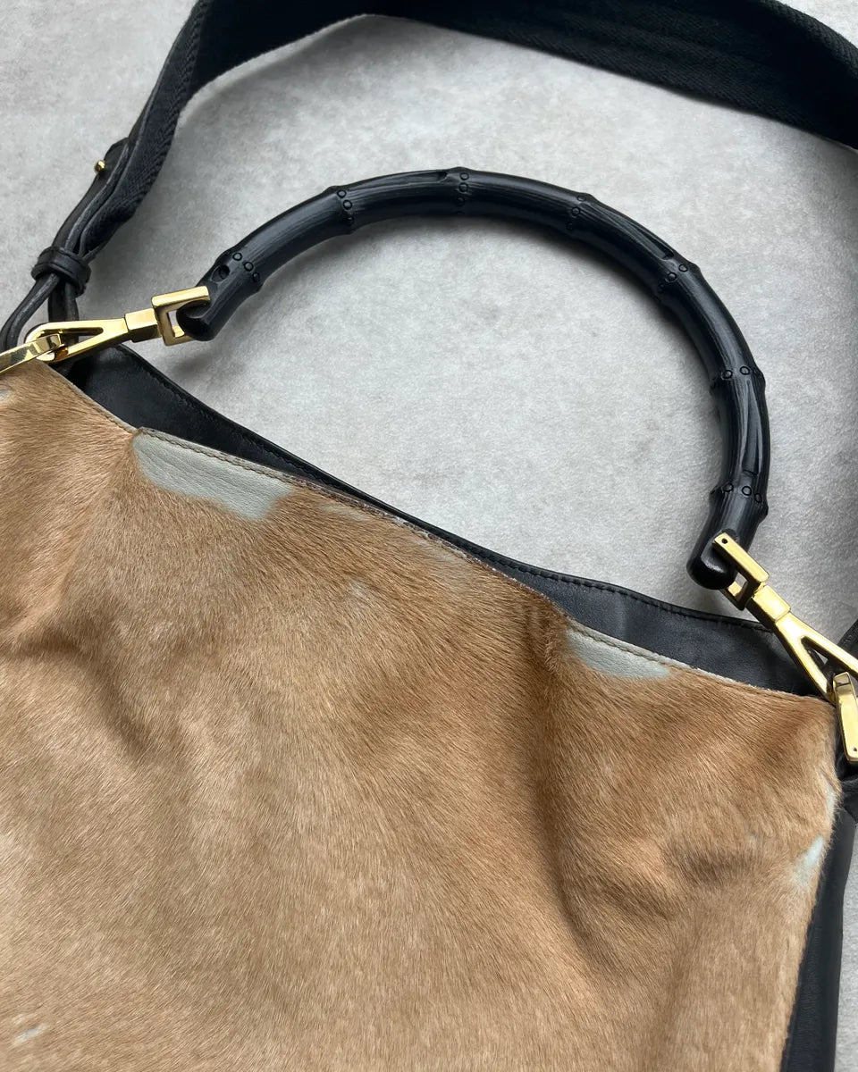 2000s Gucci Bamboo Handle Beige Pony Hair Black Leather Bag UiekLwB 4