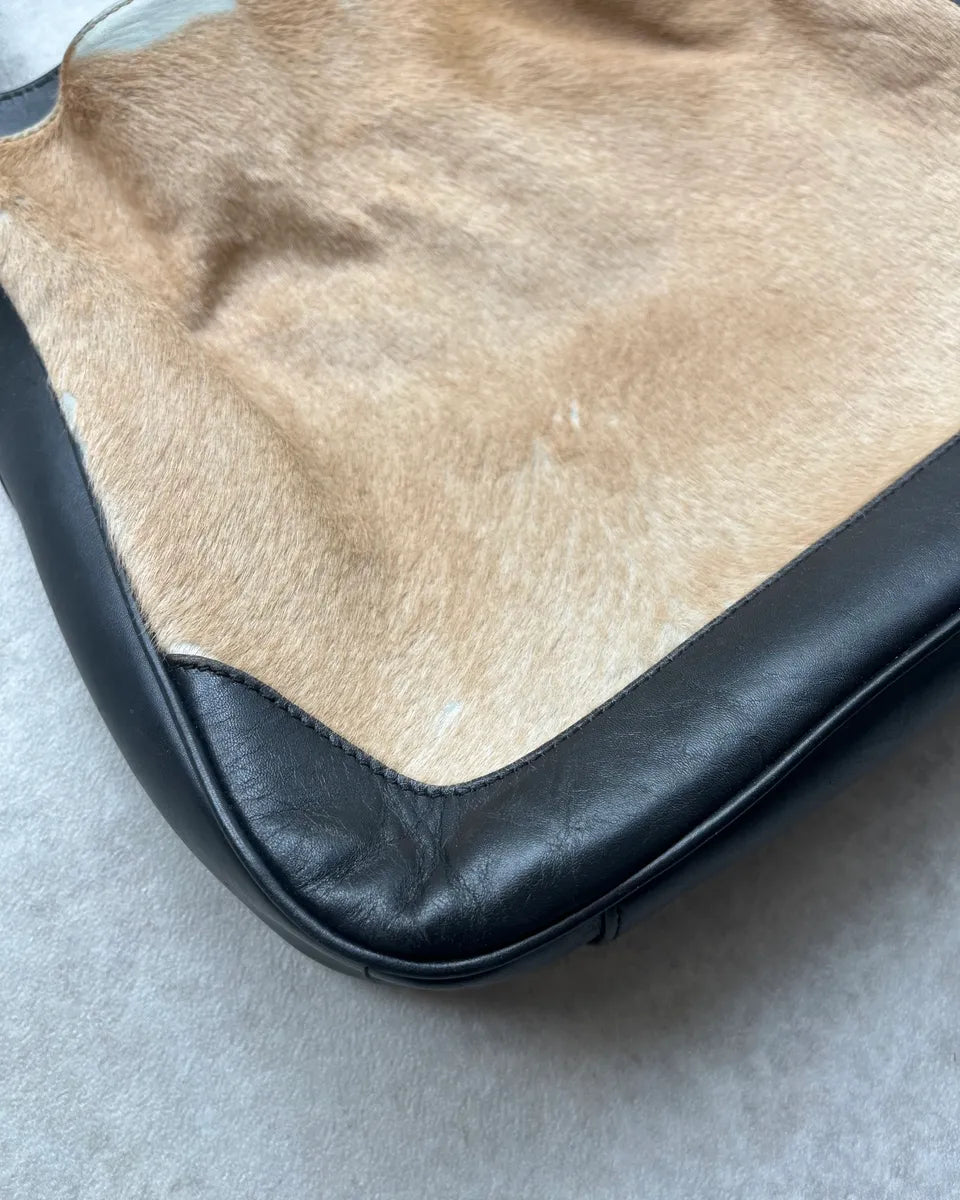 2000s Gucci Bamboo Handle Beige Pony Hair Black Leather Bag UiekLwB 5