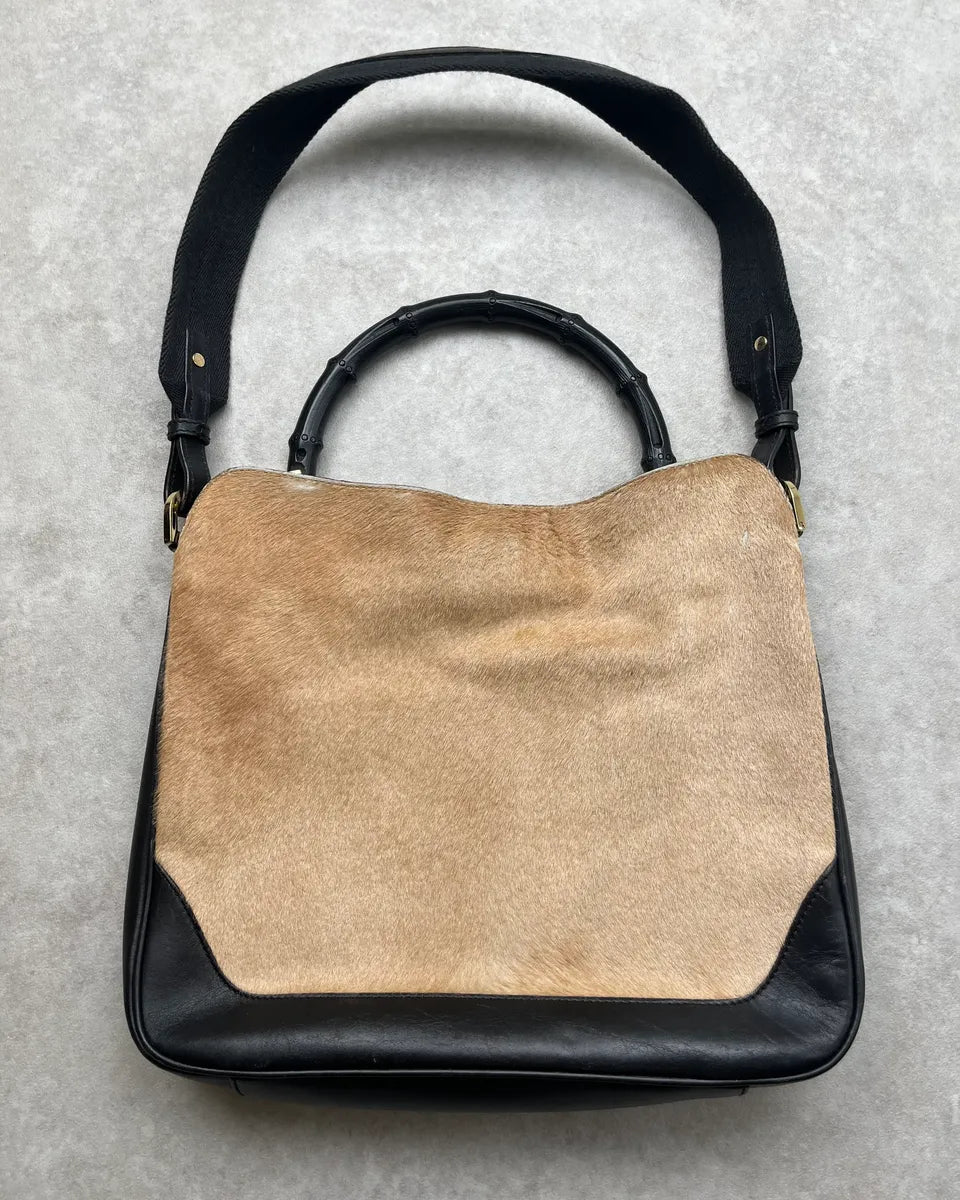 2000s Gucci Bamboo Handle Beige Pony Hair Black Leather Bag UiekLwB 6