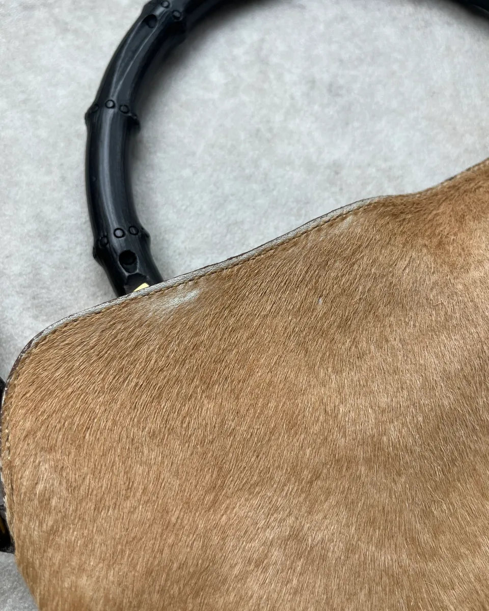 2000s Gucci Bamboo Handle Beige Pony Hair Black Leather Bag UiekLwB 7
