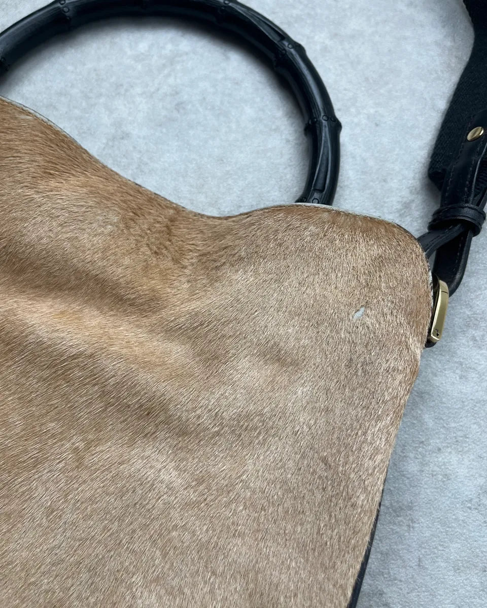 2000s Gucci Bamboo Handle Beige Pony Hair Black Leather Bag UiekLwB 8