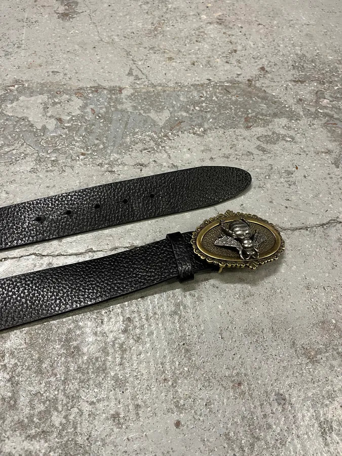 2000s Dolce & Gabbana Bee Ornament Buckle Black Leather Belt OQpLKyT 4