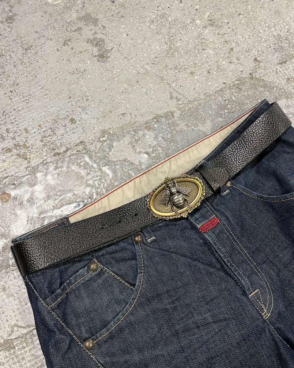 2000s Dolce & Gabbana Bee Ornament Buckle Black Leather Belt OQpLKyT 0