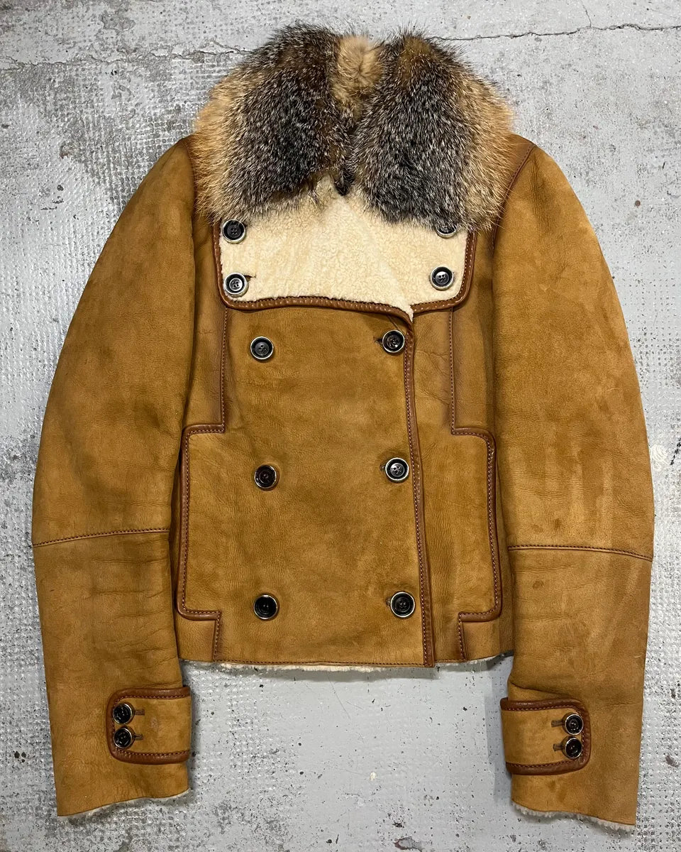 2000s Gucci Beige Fur Collar Double-Breasted Jacket by Frida Giannini gQSvwvG 0