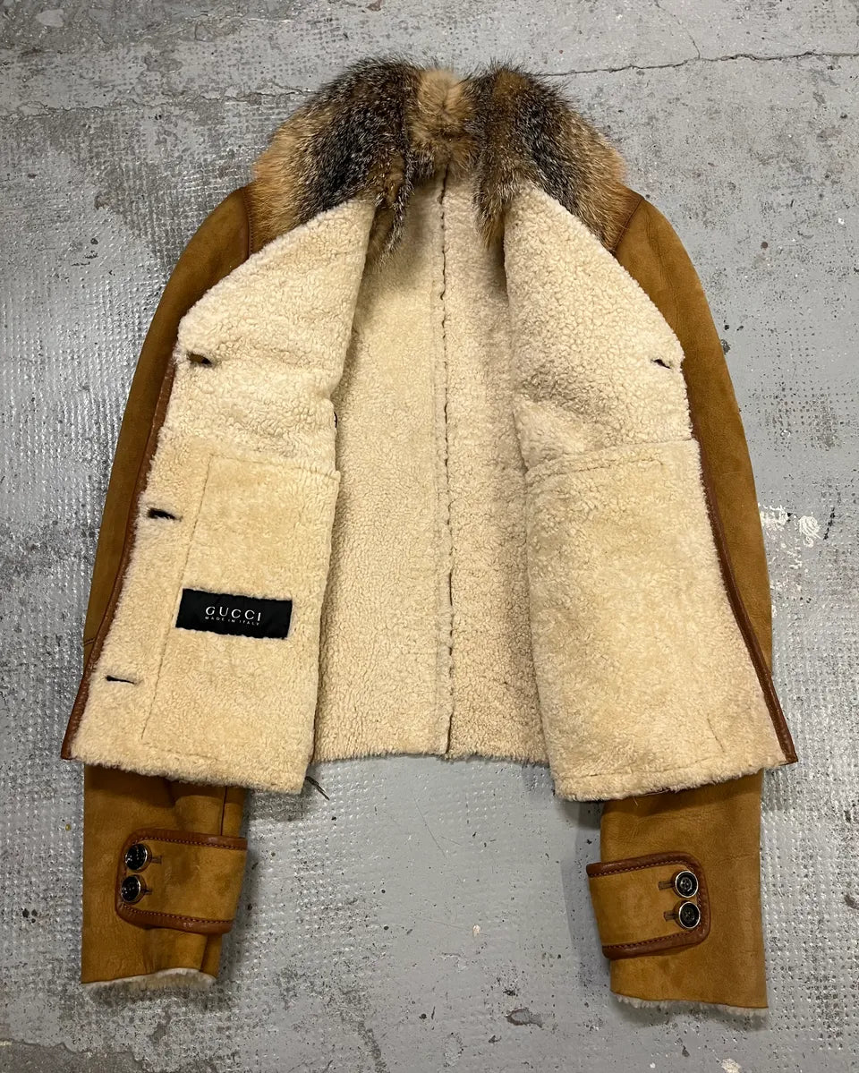 2000s Gucci Beige Fur Collar Double-Breasted Jacket by Frida Giannini gQSvwvG 7