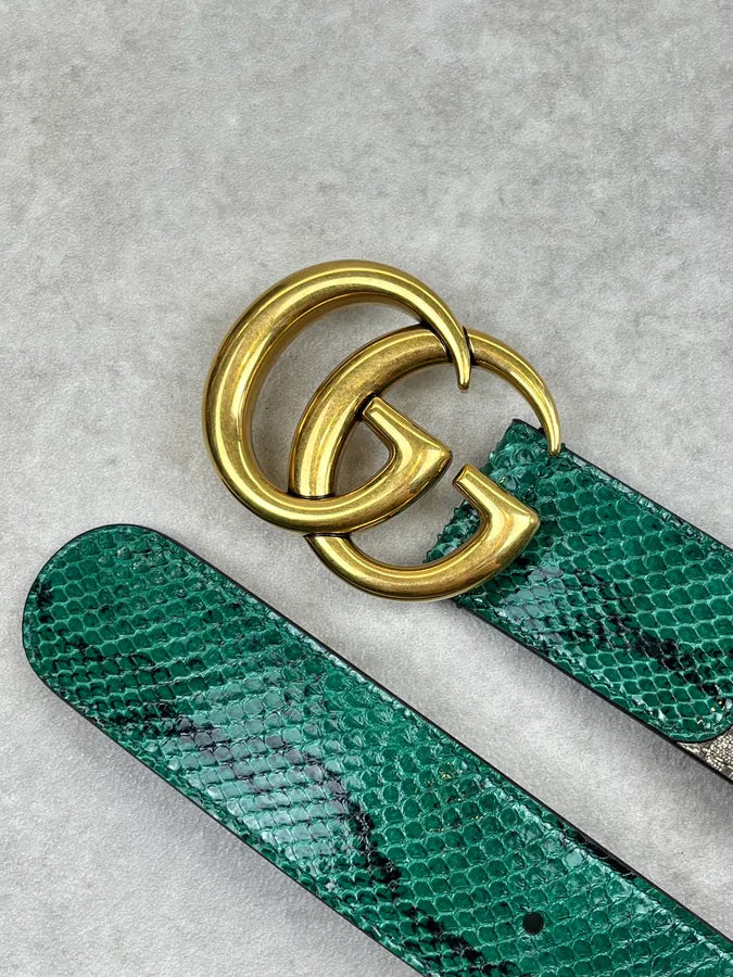 2000s Gucci Beige Hybrid GG Buckle Green Python Belt PnzfHrZ 3