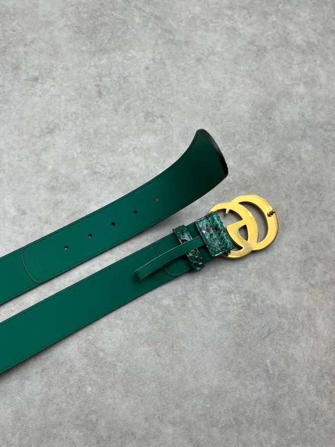 2000s Gucci Beige Hybrid GG Buckle Green Python Belt PnzfHrZ 4