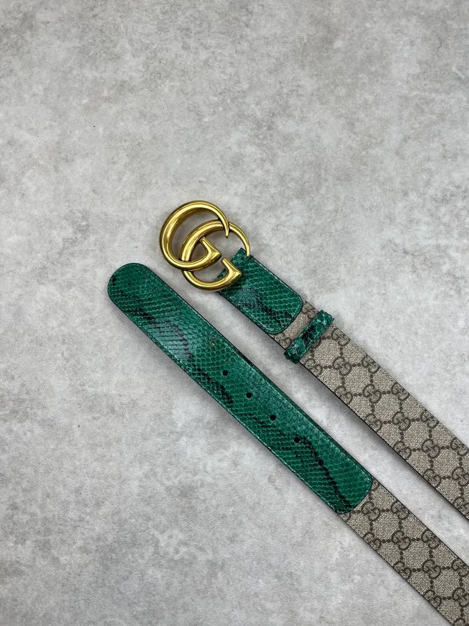 2000s Gucci Beige Hybrid GG Buckle Green Python Belt PnzfHrZ 2