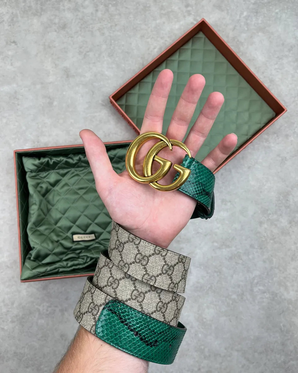 2000s Gucci Beige Hybrid GG Buckle Green Python Belt PnzfHrZ 0
