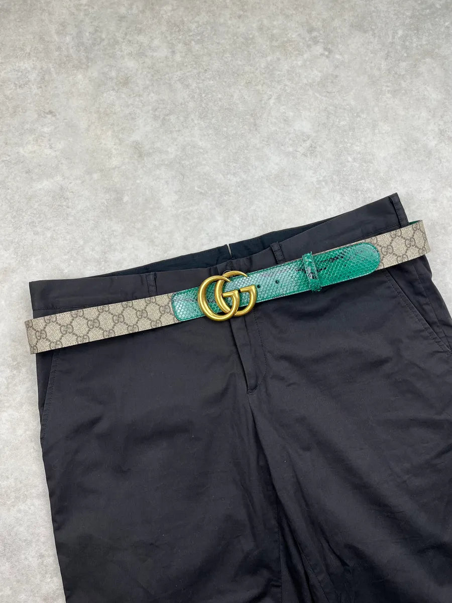 2000s Gucci Beige Hybrid GG Buckle Green Python Belt PnzfHrZ 1