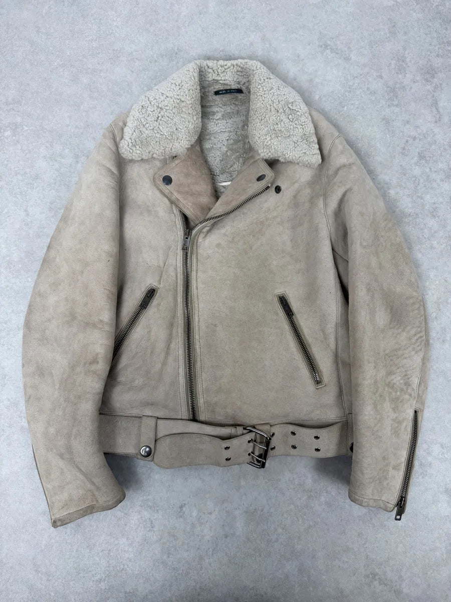 2000s Gucci Beige Shearling Asymmetrical Leather Jacket GmzJqyR 0