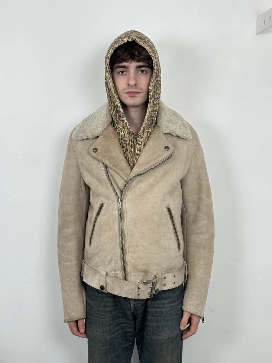 2000s Gucci Beige Shearling Asymmetrical Leather Jacket GmzJqyR 1