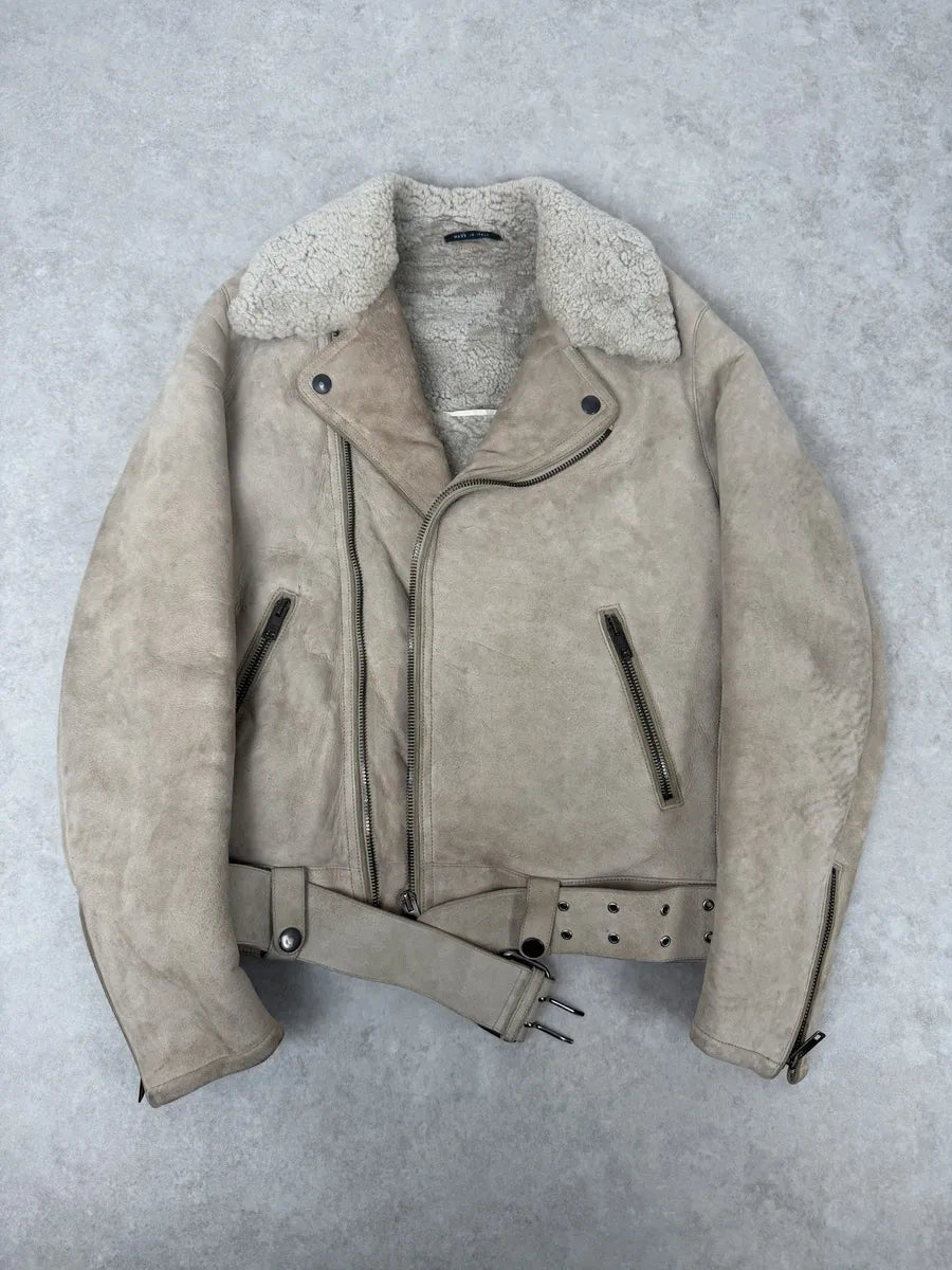 2000s Gucci Beige Shearling Asymmetrical Leather Jacket GmzJqyR 3
