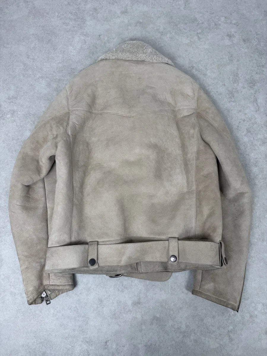 2000s Gucci Beige Shearling Asymmetrical Leather Jacket GmzJqyR 4