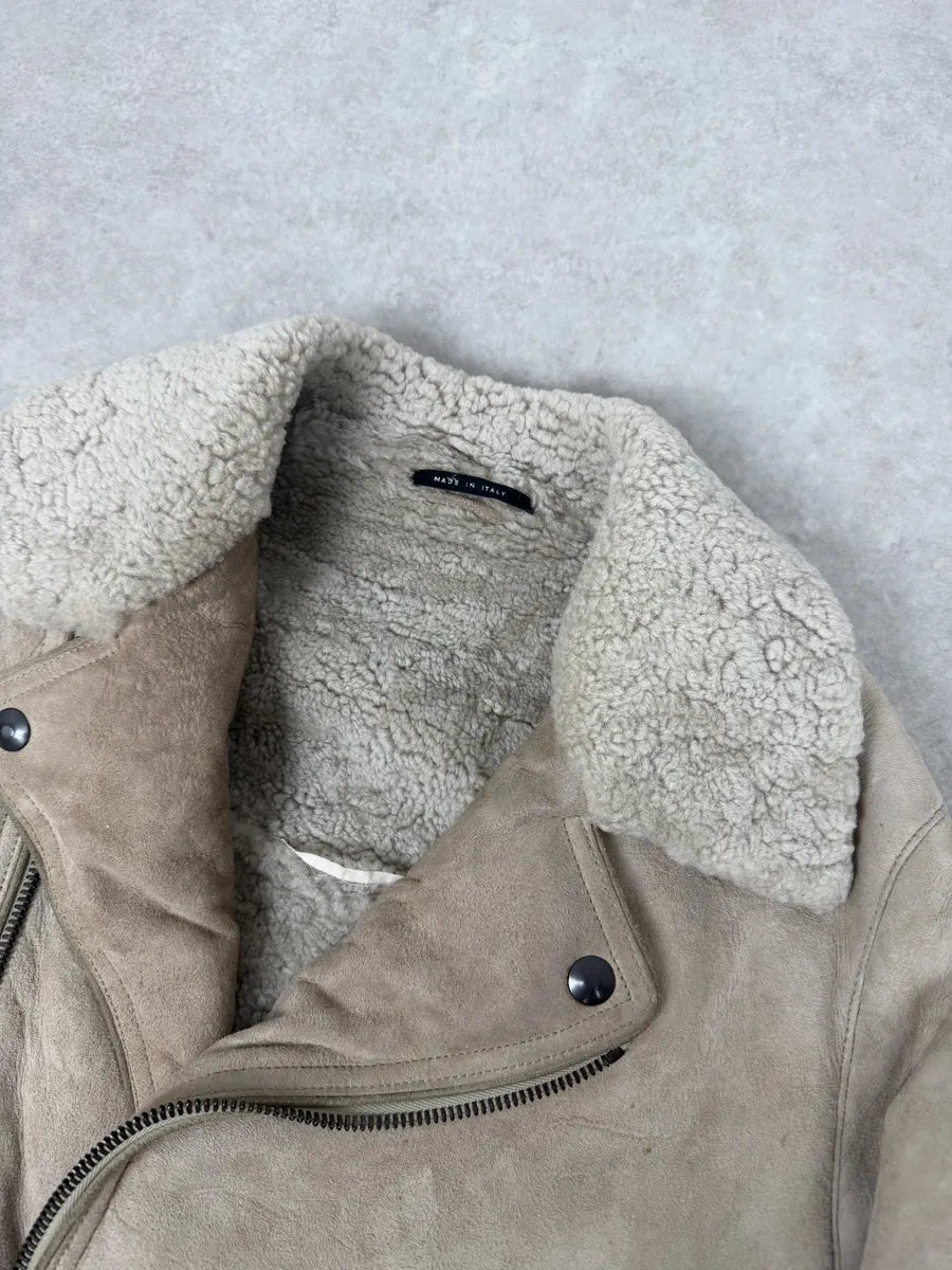 2000s Gucci Beige Shearling Asymmetrical Leather Jacket GmzJqyR 8