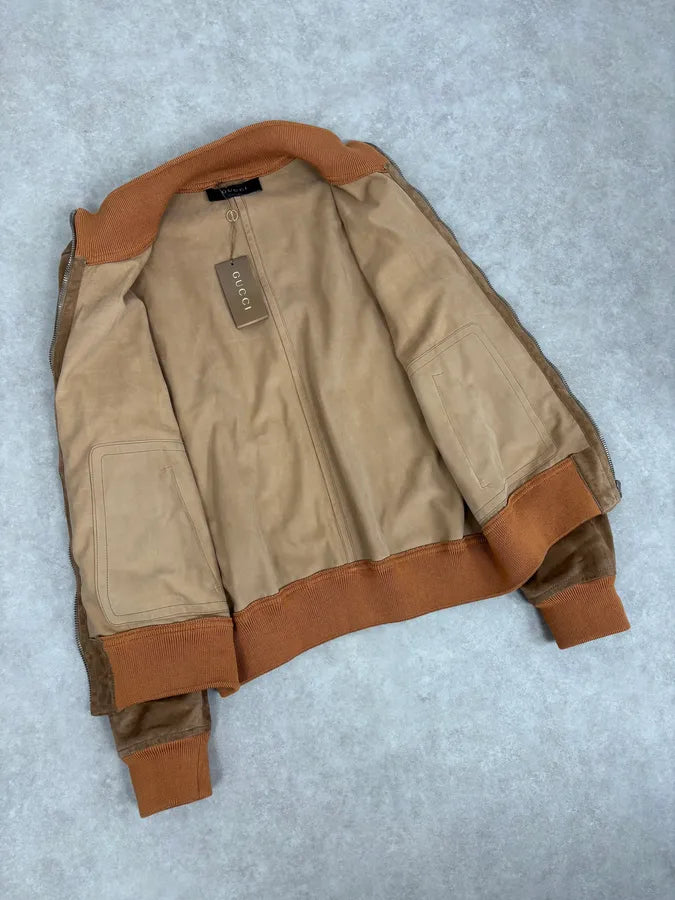 2000s Gucci Brown Suede Leather Bomber Jacket HcsNVux 6