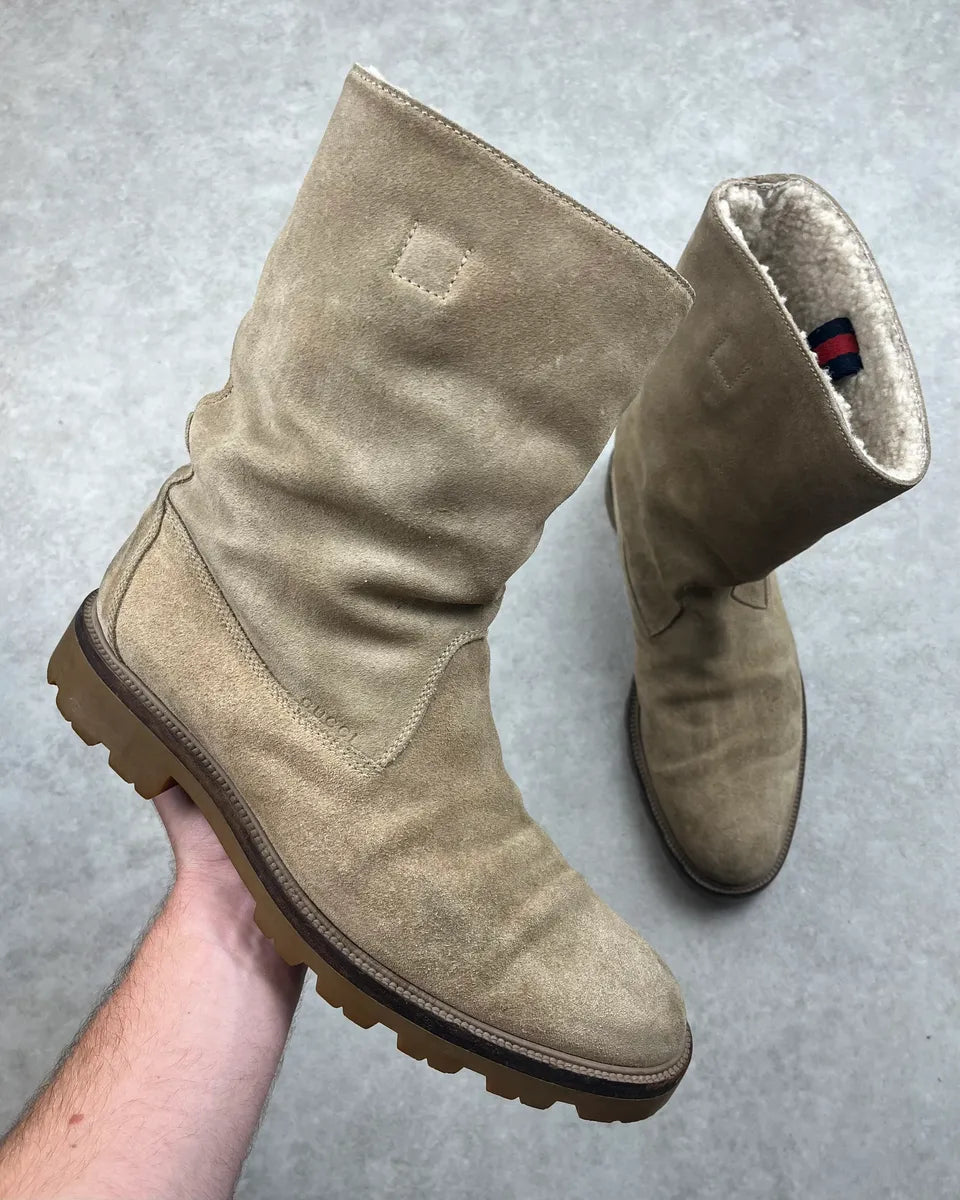 2000s Gucci Beige Suede Shearling Web Boots lBfoWSq 0